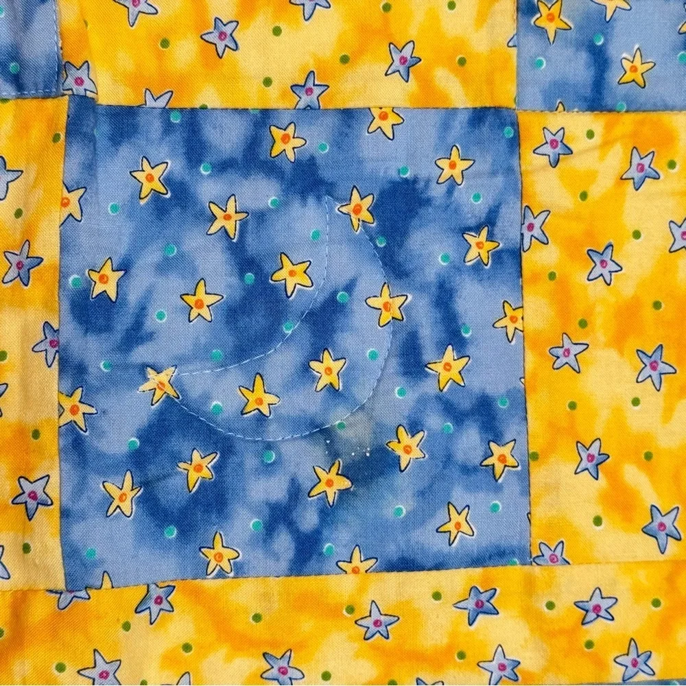 Handcrafted Patchwork Baby Quilt Star Pattern Two Sided Yellow & Blue Unisex